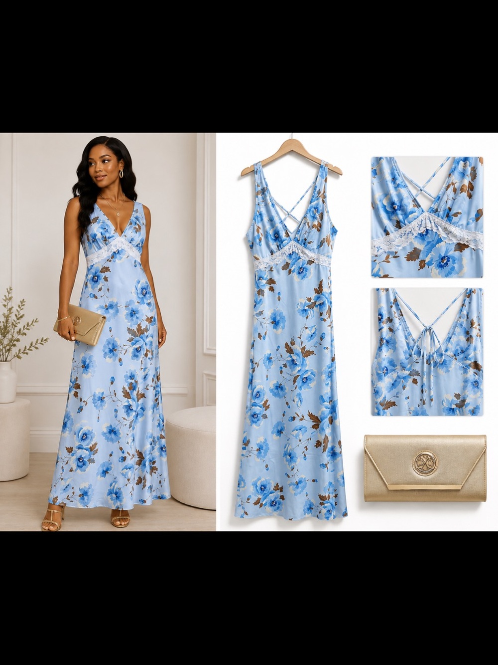 wild fable Light Blue Floral Lace-Trim Maxi Dress